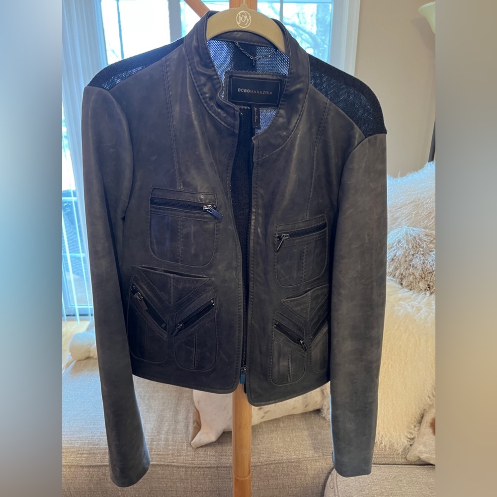 BCBG maxazria gunmetal leather moto jacket sz 2